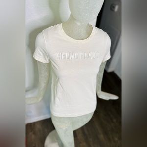Helmut Lang Ivory Embroidered Crew Neck Short Sleeve Tshirt. Size Small